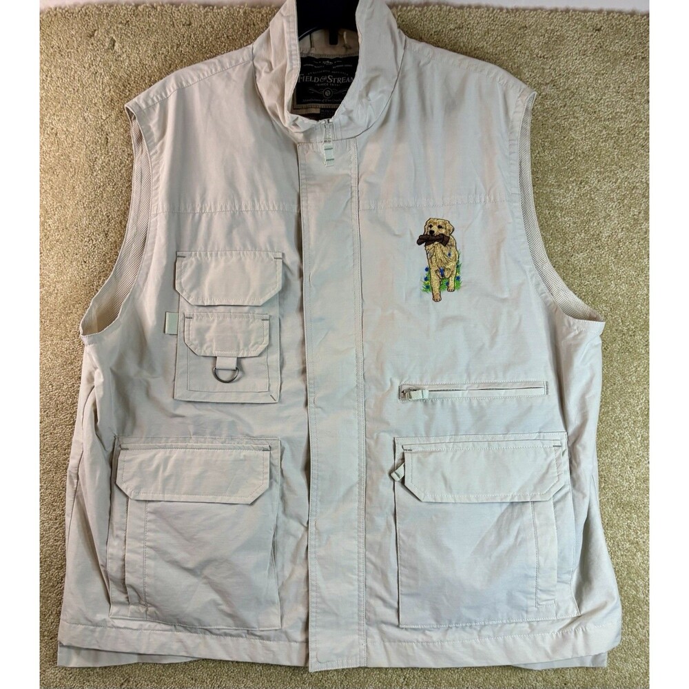 Field & Stream Embroidered Vest Men XL Beige Mesh Lined Hunting Fishing Outdoors